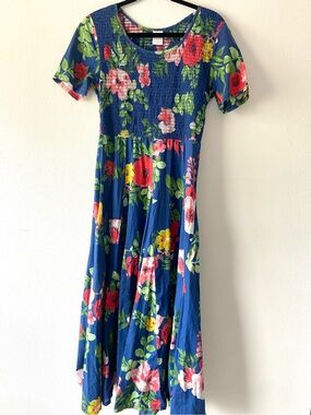 Blair Floral Smocked Midi Dress Blue Pink Cottagecore Size M